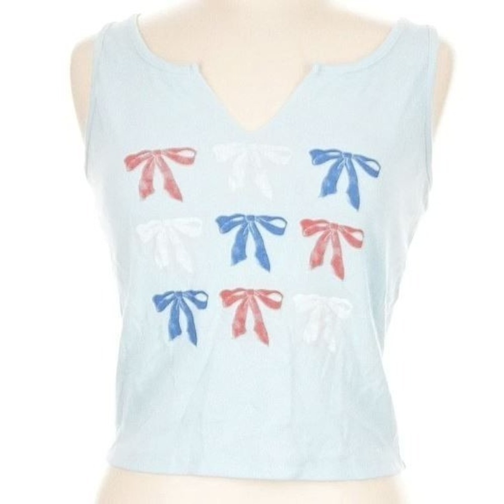 Vinyl Icons Women's Split Neck Crop Tank Top in Blue with Red White Blue Bows XL